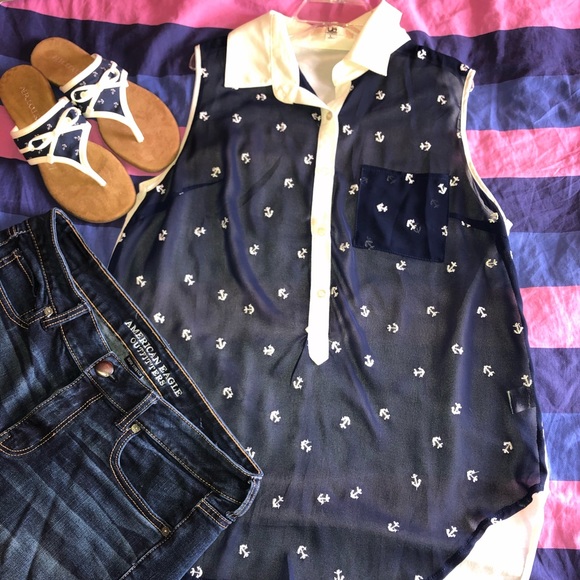 Ya Los Angeles Tops - Adorable Sheer Anchor Collared Tank Blouse